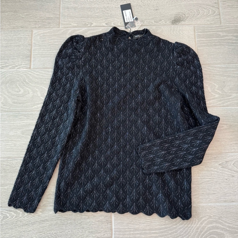 NANCY YANG Mock Neck Puff Shoulders Scalloped Black Trim Sweater Size Large NWT